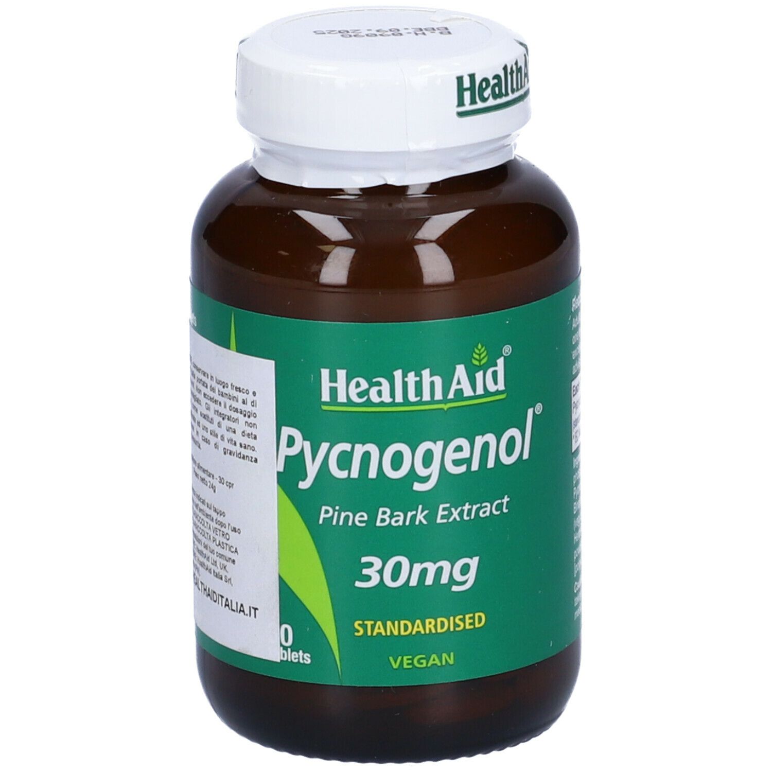 Flacone marrone con tappo bianco. Etichetta "Health Aid Pycnogenol 30mg". 30 compresse, vegano.