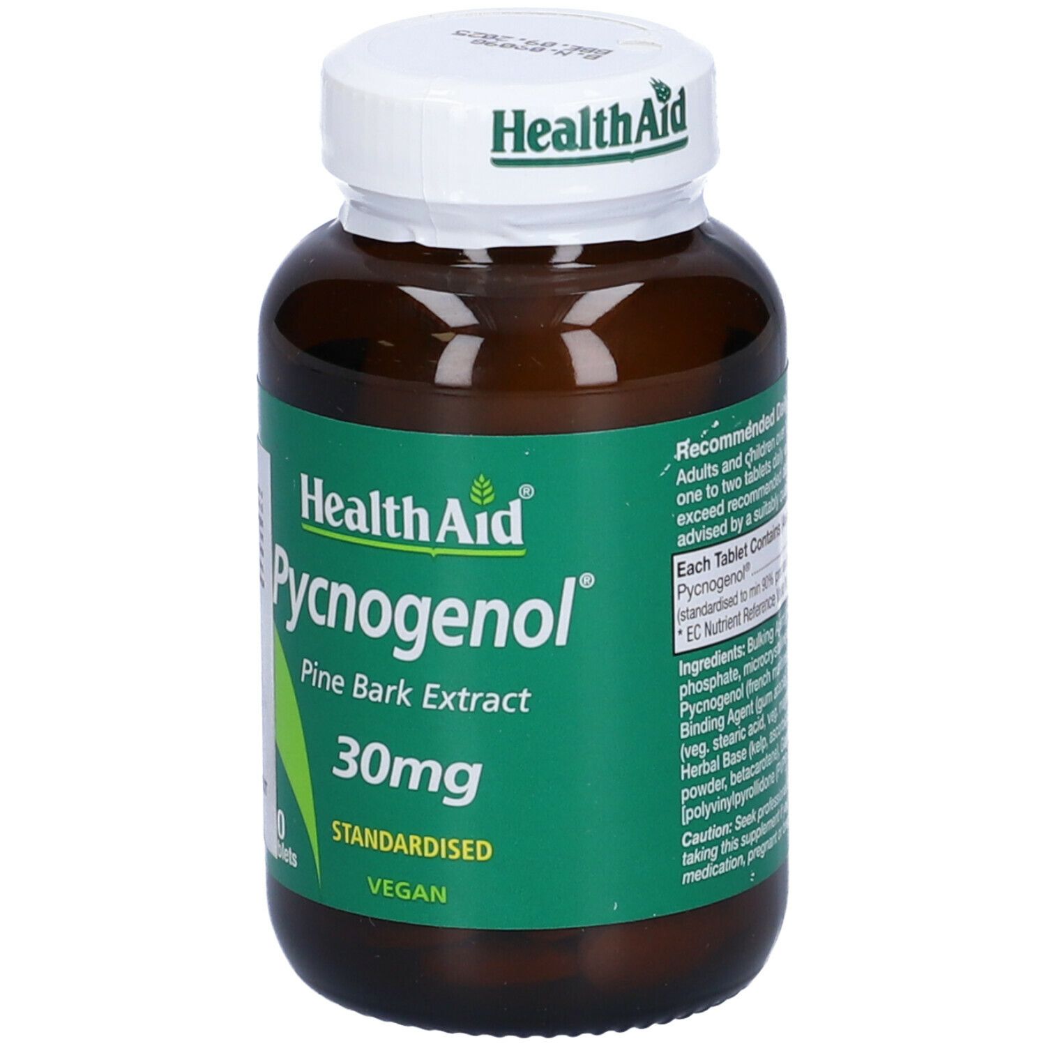 Flacone marrone con tappo bianco. Etichetta "Health Aid Pycnogenol 30mg". 30 compresse, vegano.