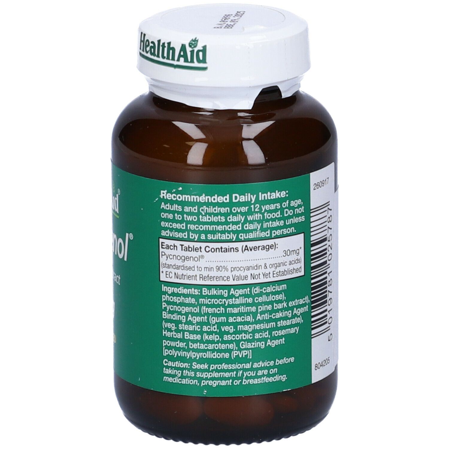 Flacone marrone con tappo bianco. Retro con testo. "Health Aid Pycnogenol". Elenco ingredienti.