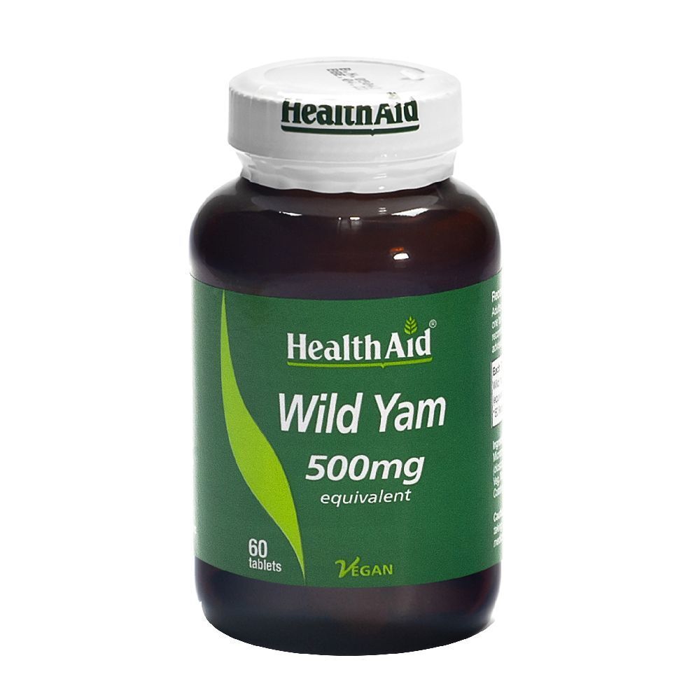 Flacone marrone con tappo bianco. Scritta HealthAid, Wild Yam, 500mg, 60 compresse. Sigillo vegano.