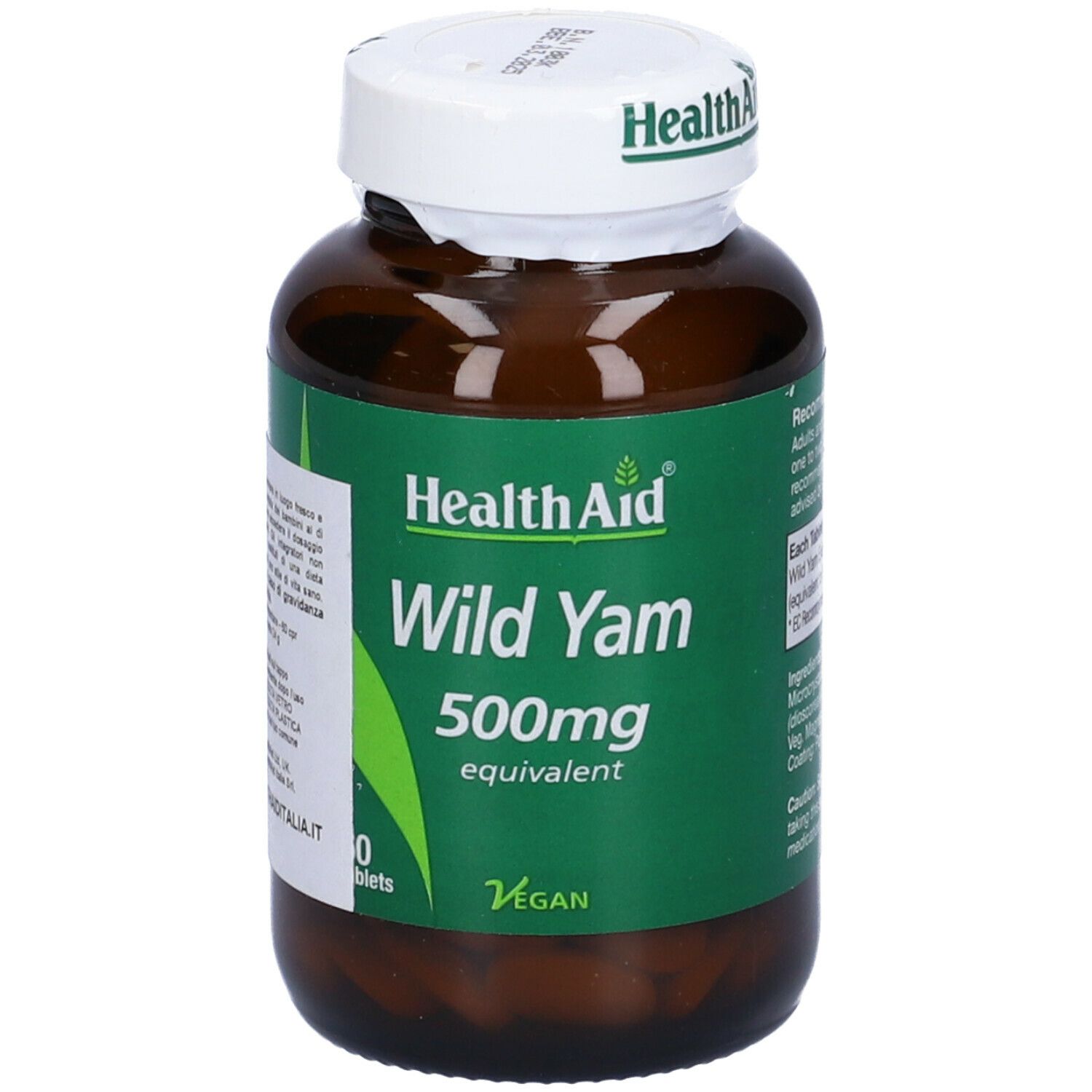 Flacone marrone con tappo bianco. Scritta HealthAid, Wild Yam, 500mg. Sigillo vegano. Etichetta con testo.