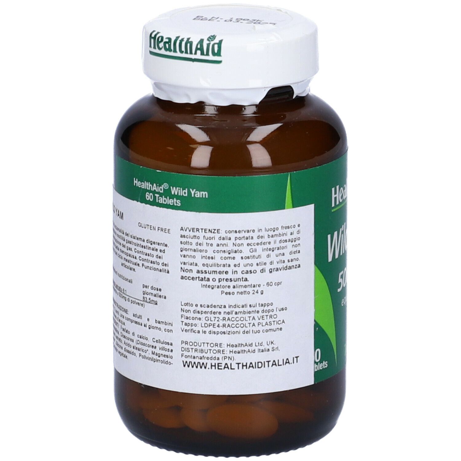 Flacone marrone con tappo bianco. Scritta HealthAid, Wild Yam, 500mg. Sigillo vegano. Retro con testo.