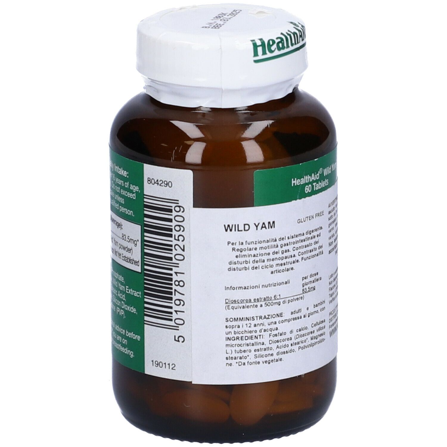 Flacone marrone con tappo bianco. Scritta HealthAid, Wild Yam, 500mg. Sigillo vegano. Retro con testo.