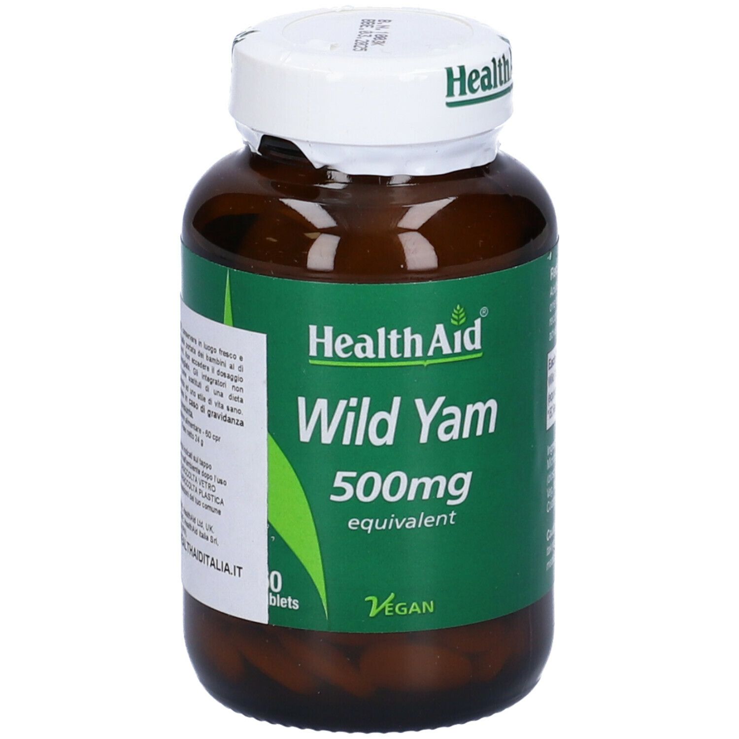 Flacone marrone con tappo bianco. Scritta HealthAid, Wild Yam, 500mg. Sigillo vegano. Retro con testo.