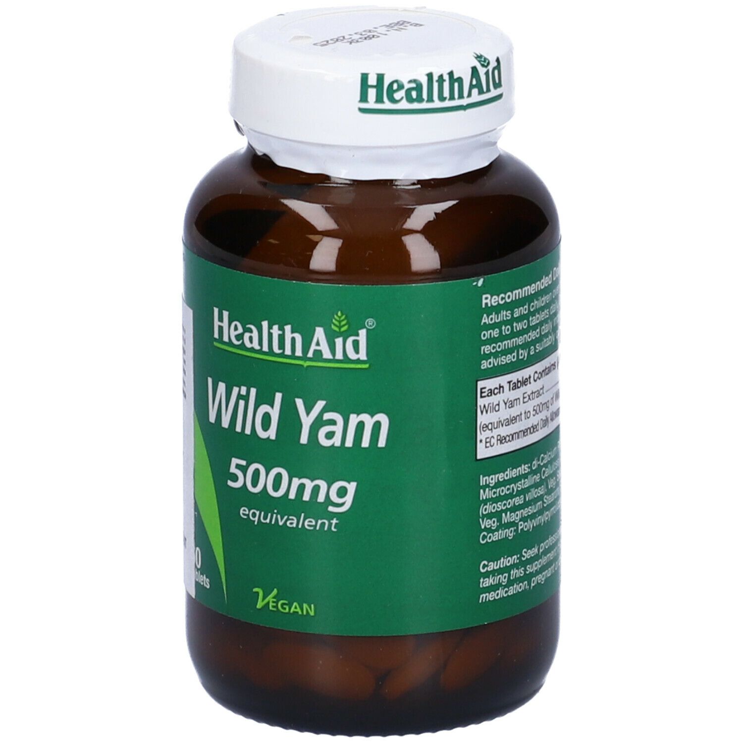Flacone marrone con tappo bianco. Scritta HealthAid, Wild Yam, 500mg. Sigillo vegano. Etichetta con testo.