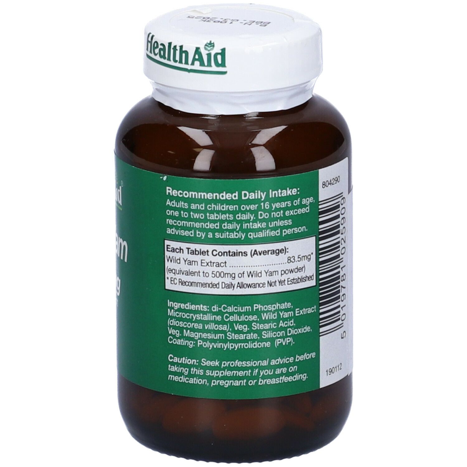 Flacone marrone con tappo bianco. Scritta HealthAid, Wild Yam, 500mg. Sigillo vegano. Retro con testo.