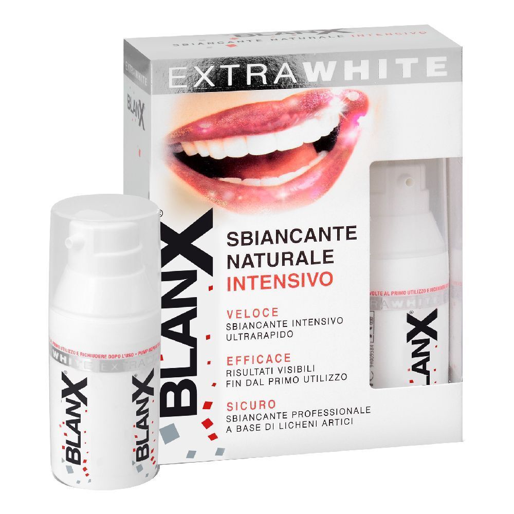 Flacone e confezione bianchi con la scritta "BLANX EXTRA WHITE". Sulla confezione è raffigurata una bocca con denti bianchi.