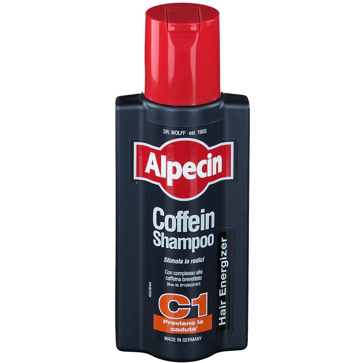 Flacon noir avec bouchon rouge. Inscription: Alpecin Coffein Shampoo C1. Logo et texte en blanc et rouge.