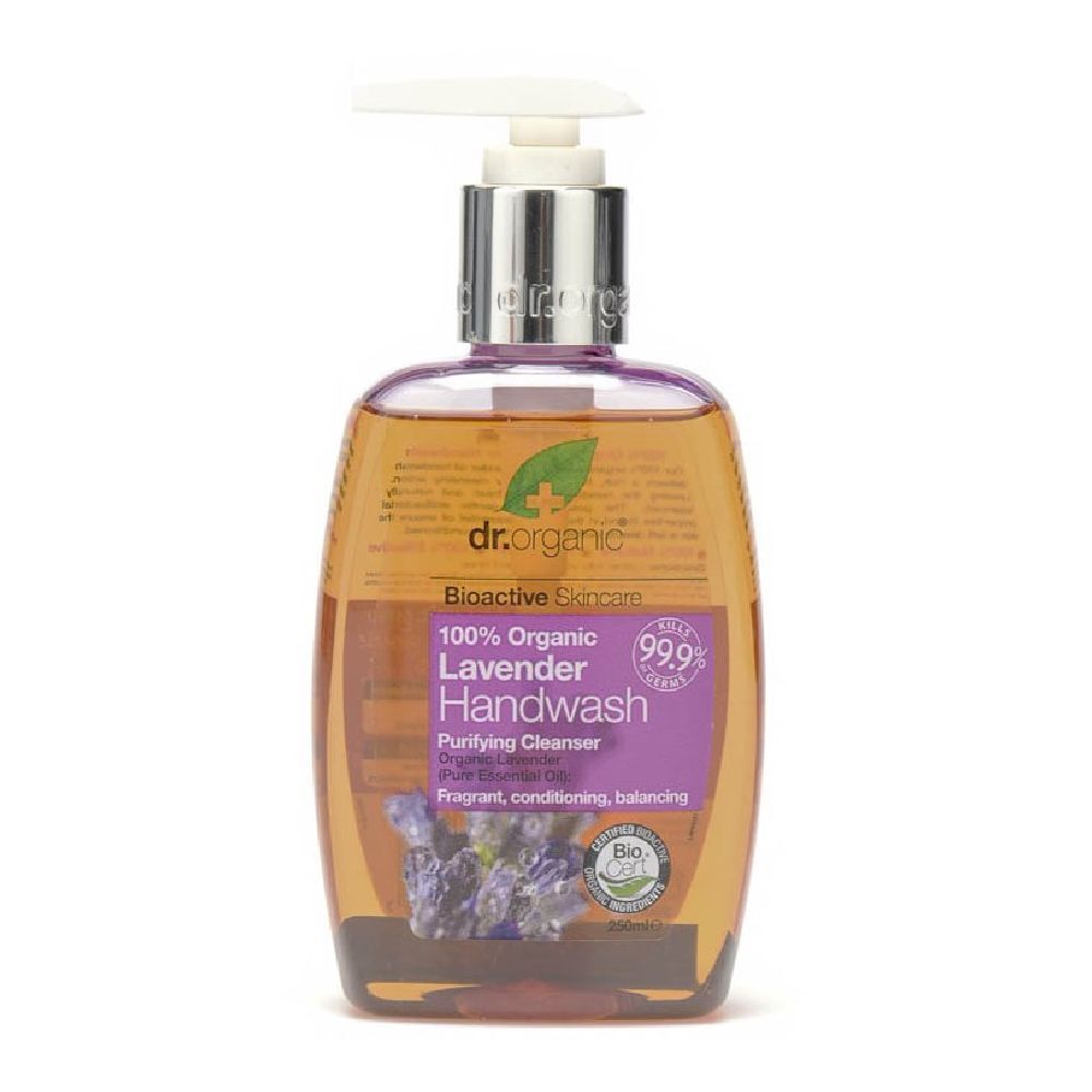 Sapone mani con dispenser. Etichetta con nome e logo del prodotto. Certificazione biologica. Bottiglia con liquido trasparente.