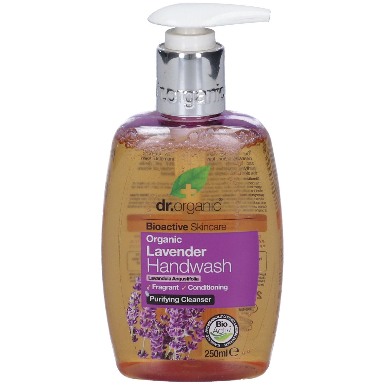 Sapone mani con dispenser. Etichetta con nome e logo del prodotto. Certificazione biologica. Bottiglia con liquido trasparente.