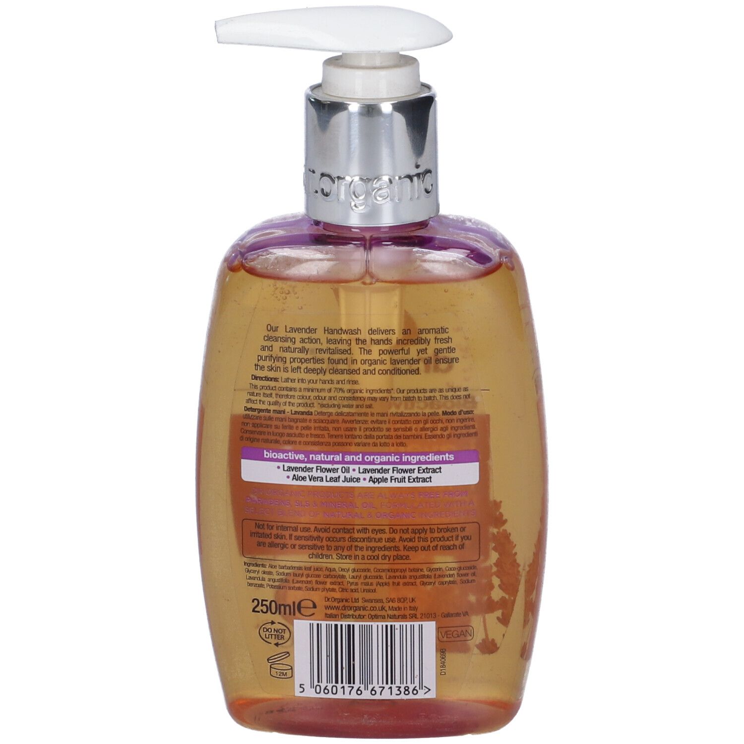 Retro della bottiglia di sapone per le mani. Etichetta con informazioni sul prodotto e ingredienti. Certificazione biologica. Liquido trasparente.