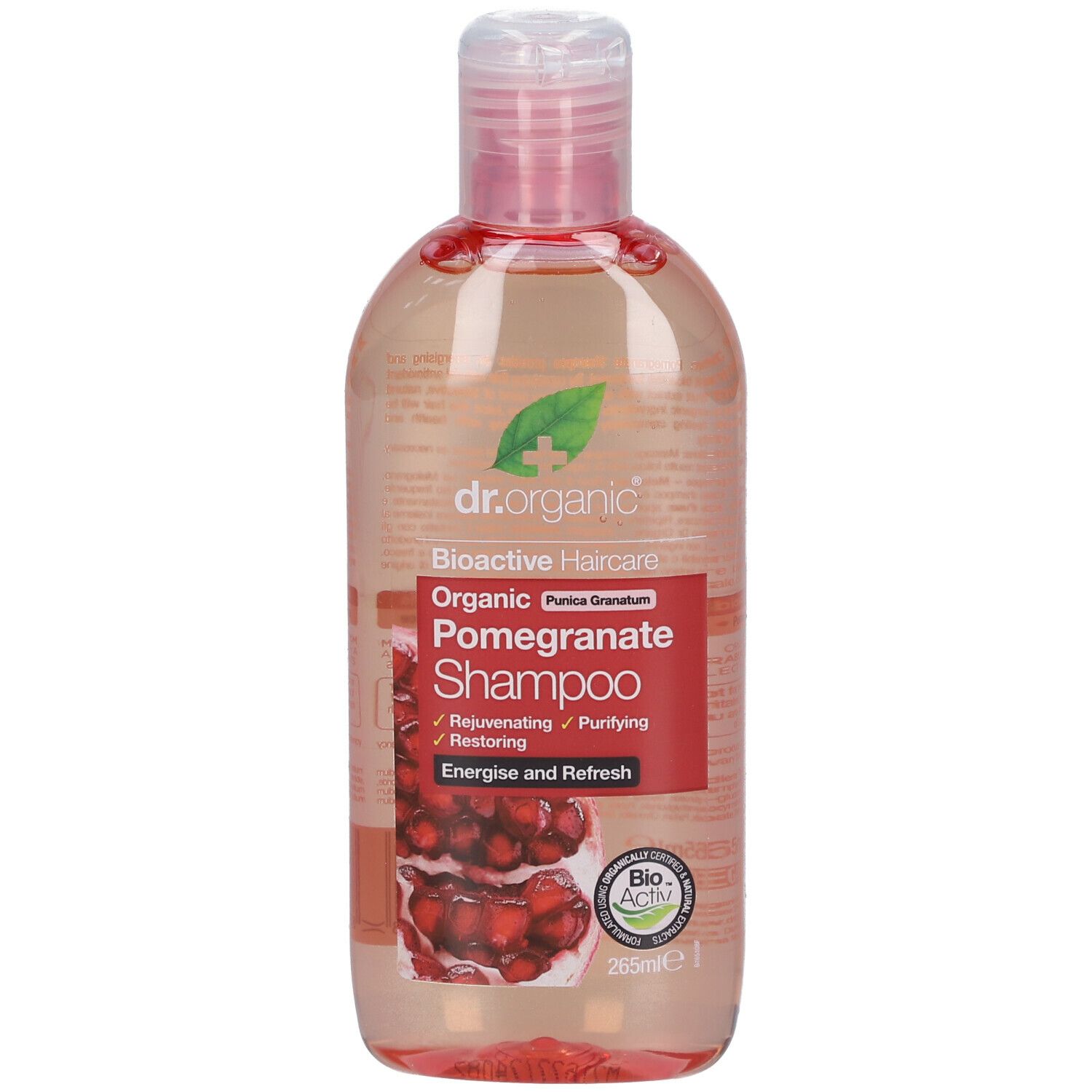 Flacone di shampoo con tappo rosa. Scritta: Dr. Organic Bio-Granatapfel-Shampoo. Liquido rosso e trasparente.