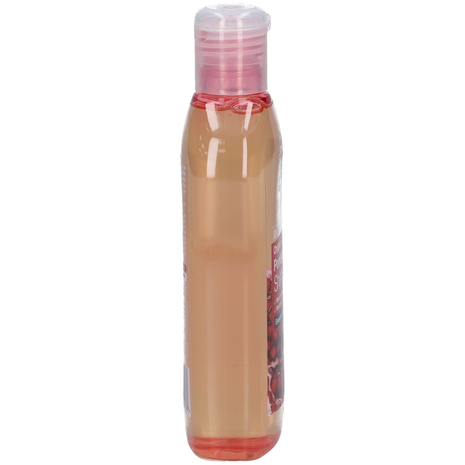 Flacone di shampoo, vista laterale. Tappo rosa, liquido trasparente. Scritta: Dr. Organic Bio-Granatapfel-Shampoo.