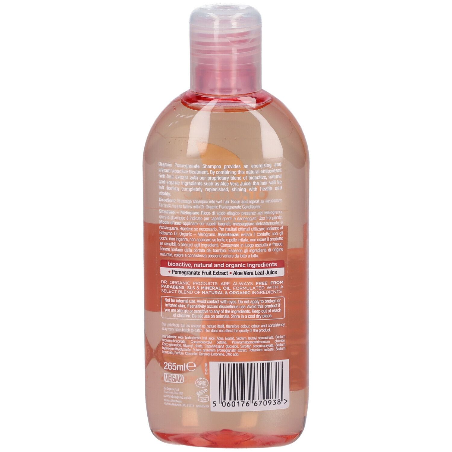 Retro del flacone di shampoo. Testo e ingredienti. Tappo rosa. Scritta: Dr. Organic Bio-Granatapfel-Shampoo.