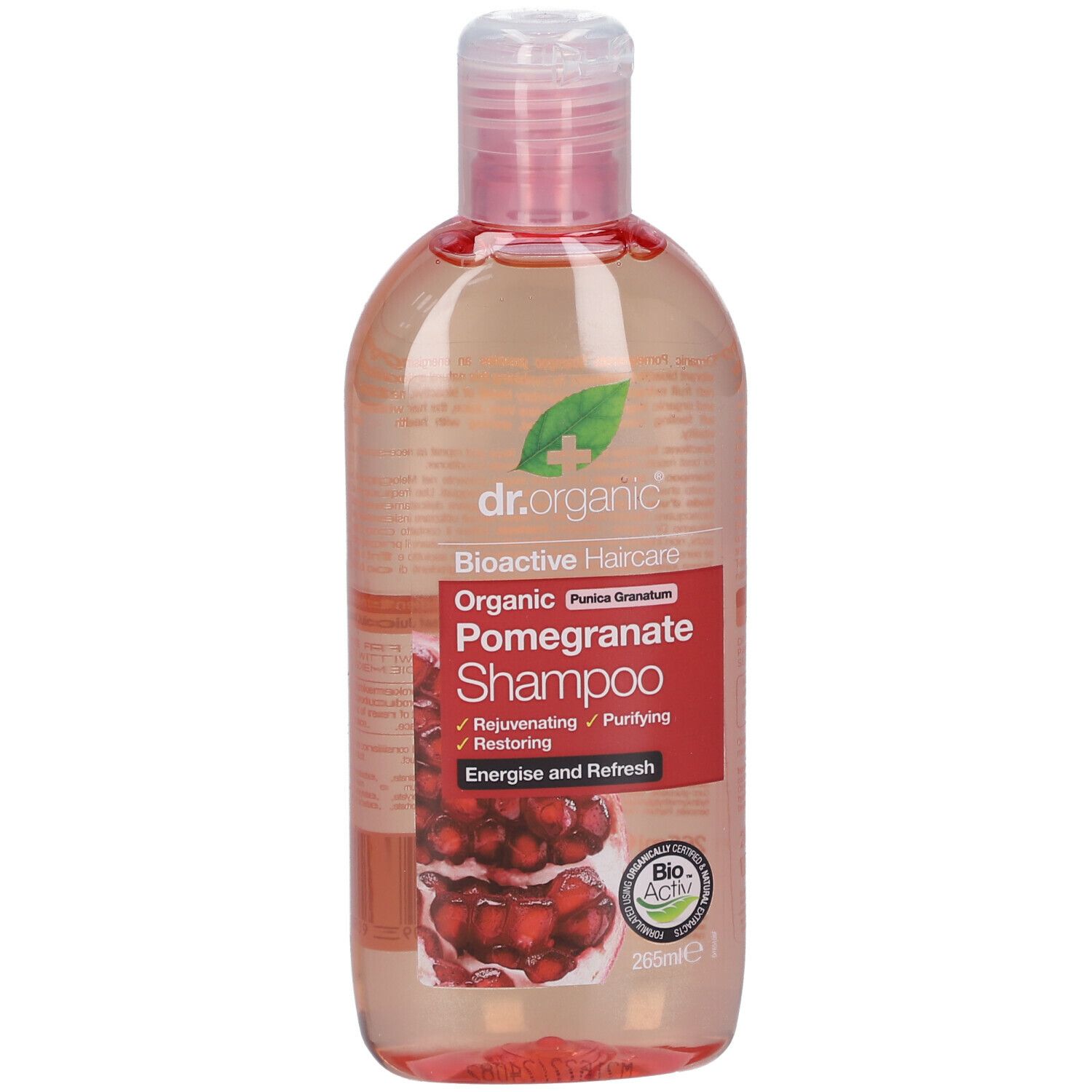Flacone di shampoo con tappo rosa. Scritta: Dr. Organic Bio-Granatapfel-Shampoo. Liquido rosso e trasparente.