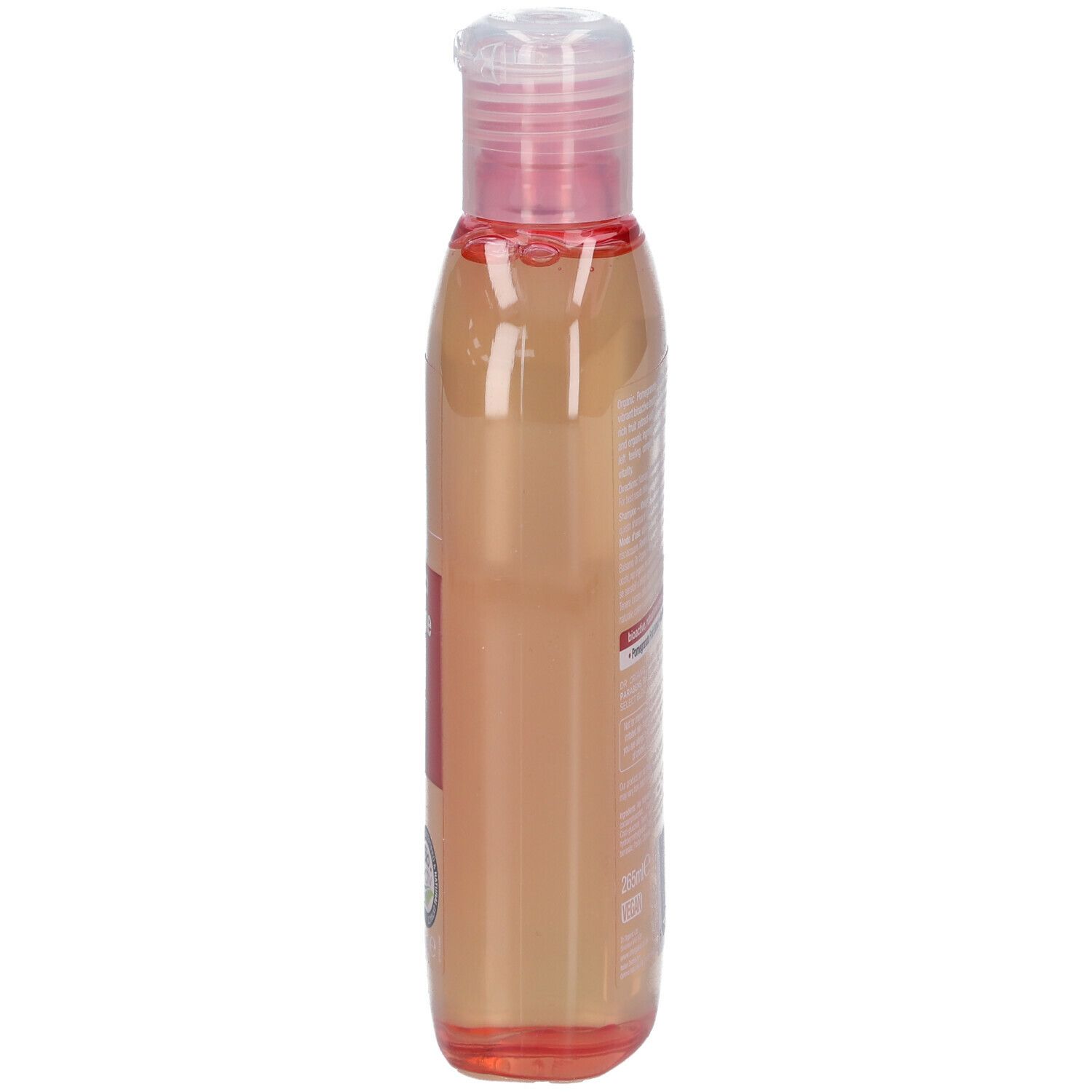 Flacone di shampoo, vista laterale. Tappo rosa, liquido trasparente. Scritta: Dr. Organic Bio-Granatapfel-Shampoo.