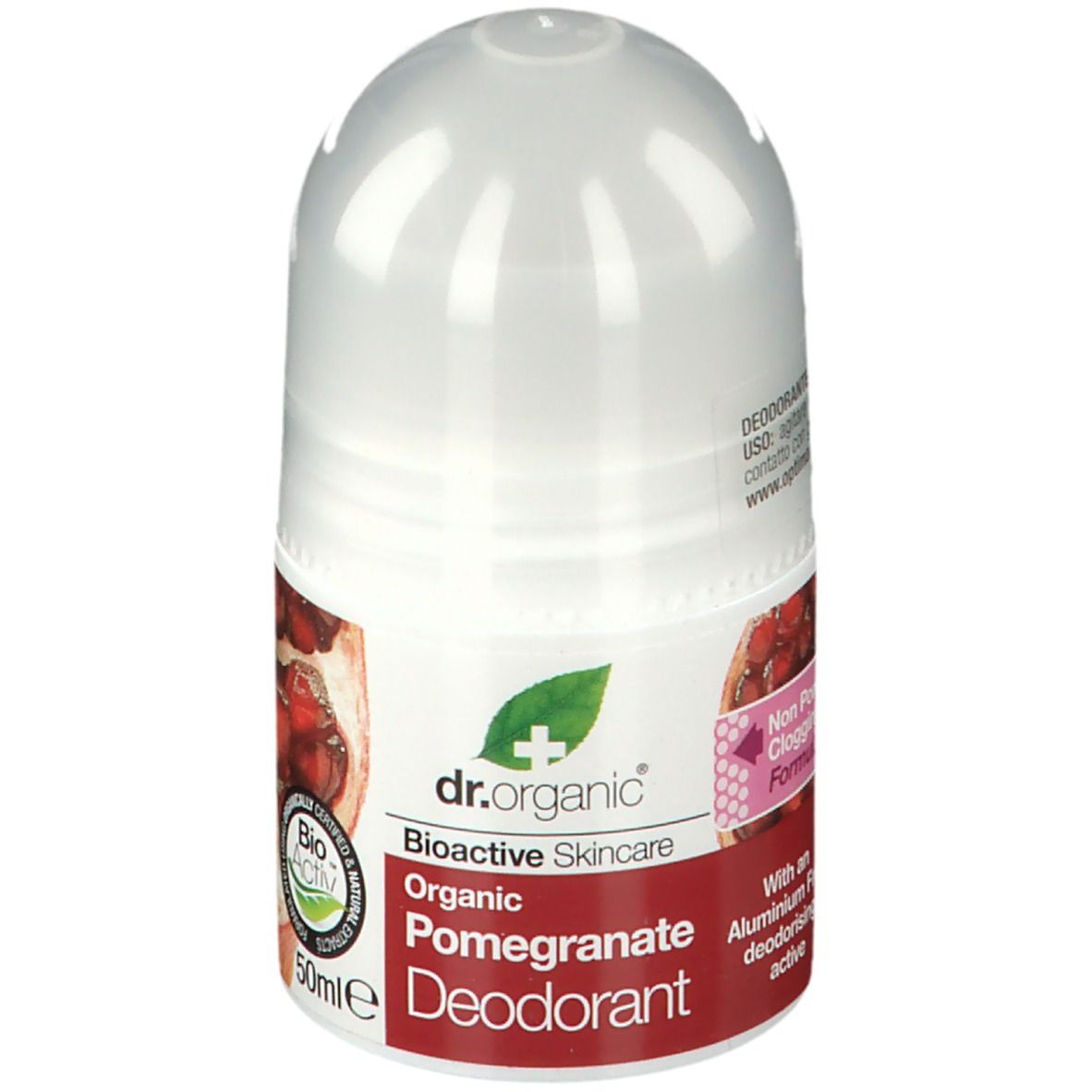 Déodorant roll-on. Flacon blanc avec étiquette rouge. Inscription : Dr. Organic, Déodorant Bio-Grenade.