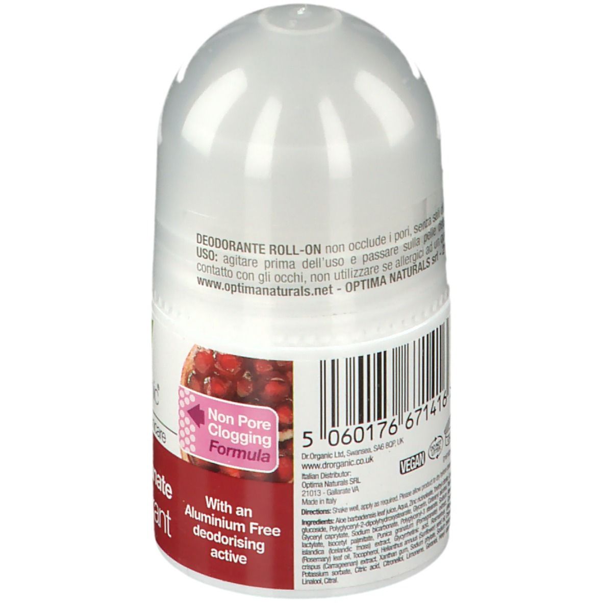 Dos du déodorant roll-on. Flacon blanc avec texte et code-barres. Inscription : Dr. Organic, ingrédients.