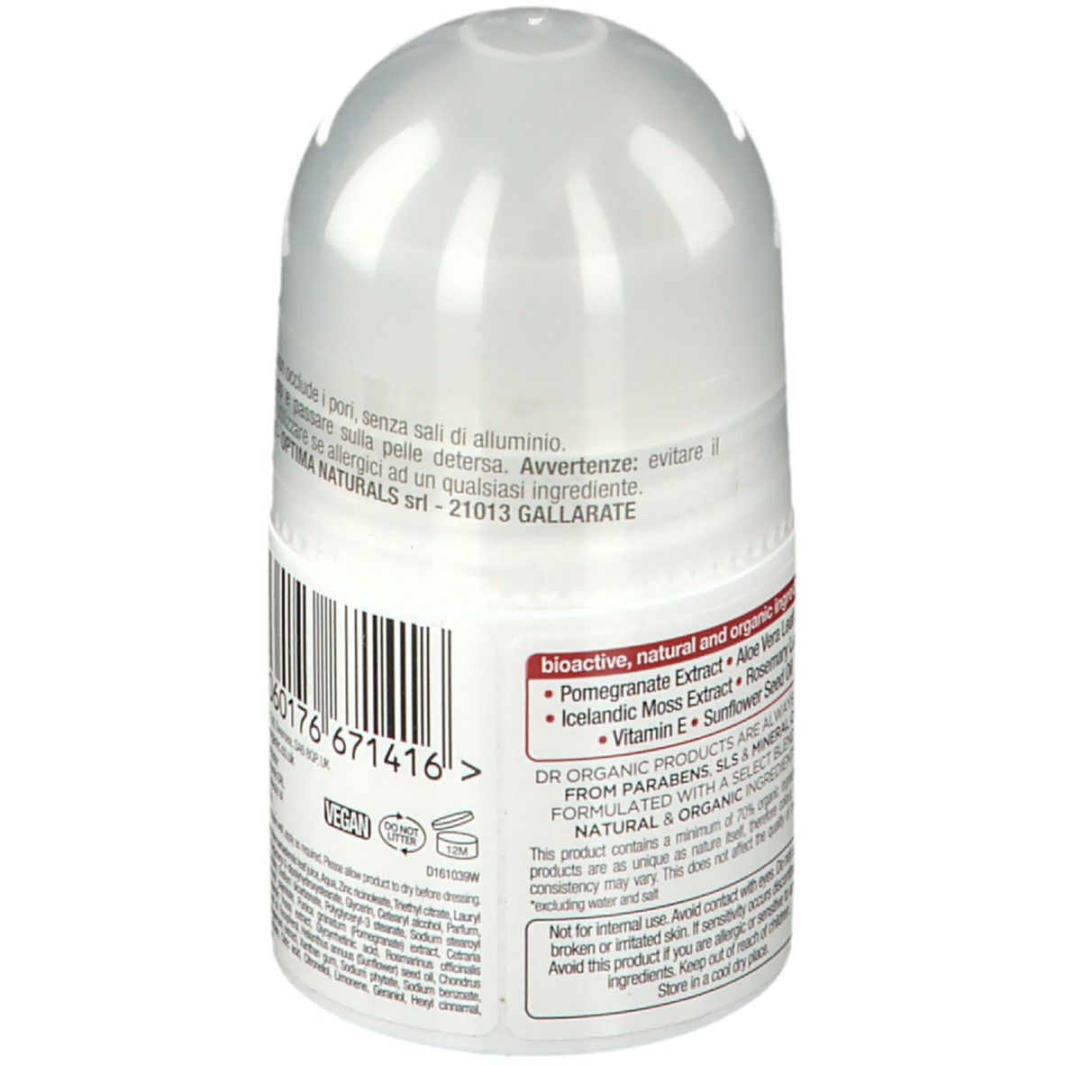 Dos du déodorant roll-on. Flacon blanc avec texte et code-barres. Inscription : Dr. Organic, ingrédients.