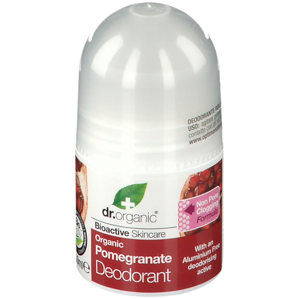 Déodorant roll-on. Flacon blanc avec étiquette rouge. Inscription : Dr. Organic, Déodorant Bio-Grenade.