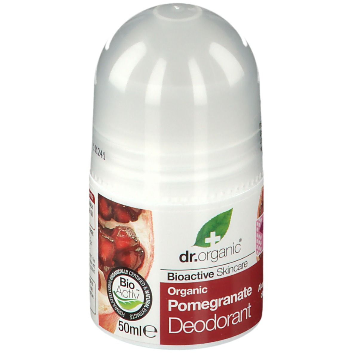 Déodorant roll-on. Flacon blanc avec étiquette rouge. Inscription : Dr. Organic, Déodorant Bio-Grenade.