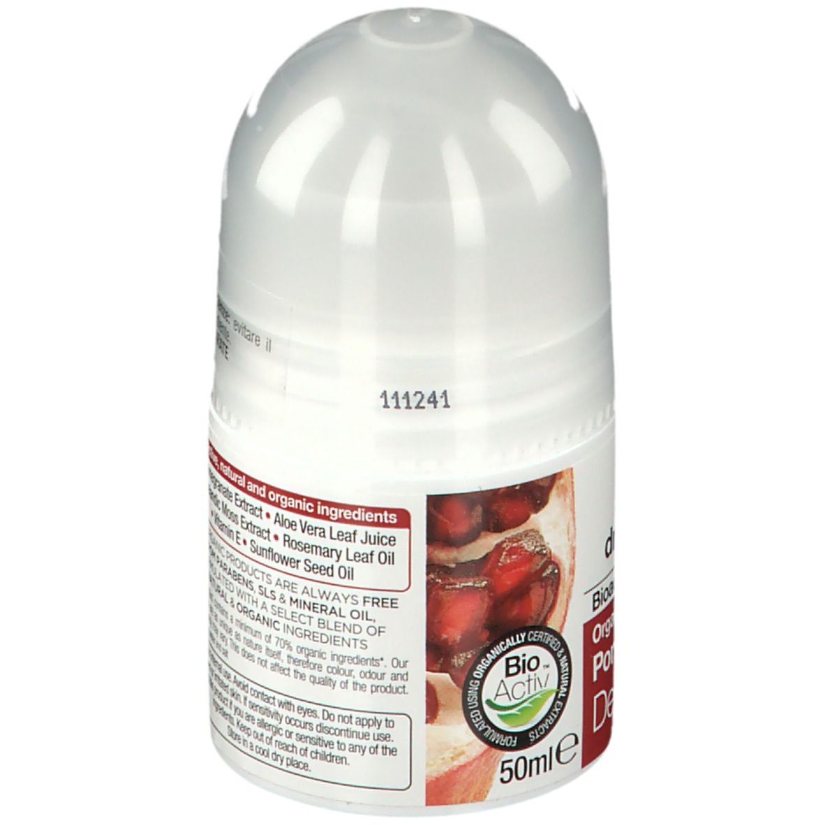 Dos du déodorant roll-on. Flacon blanc avec texte. Inscription : Dr. Organic, ingrédients.