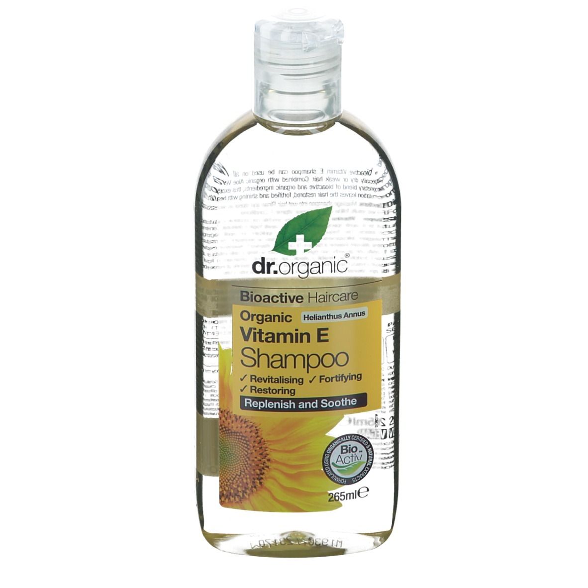 Shampoo Dr. Organic Bio-Vitamina E. Bottiglia trasparente con liquido giallo. Scritta: Organic Vitamin E Shampoo, girasole.