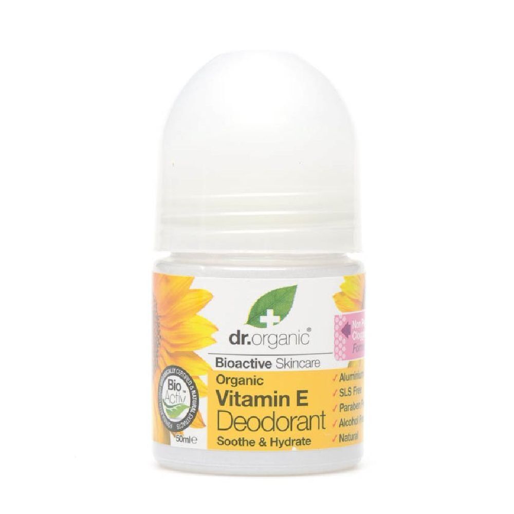 Déodorant roll-on blanc et étiquette jaune. Inscription: Vitamin E Deodorant. Logo: Bio-Aktiv.