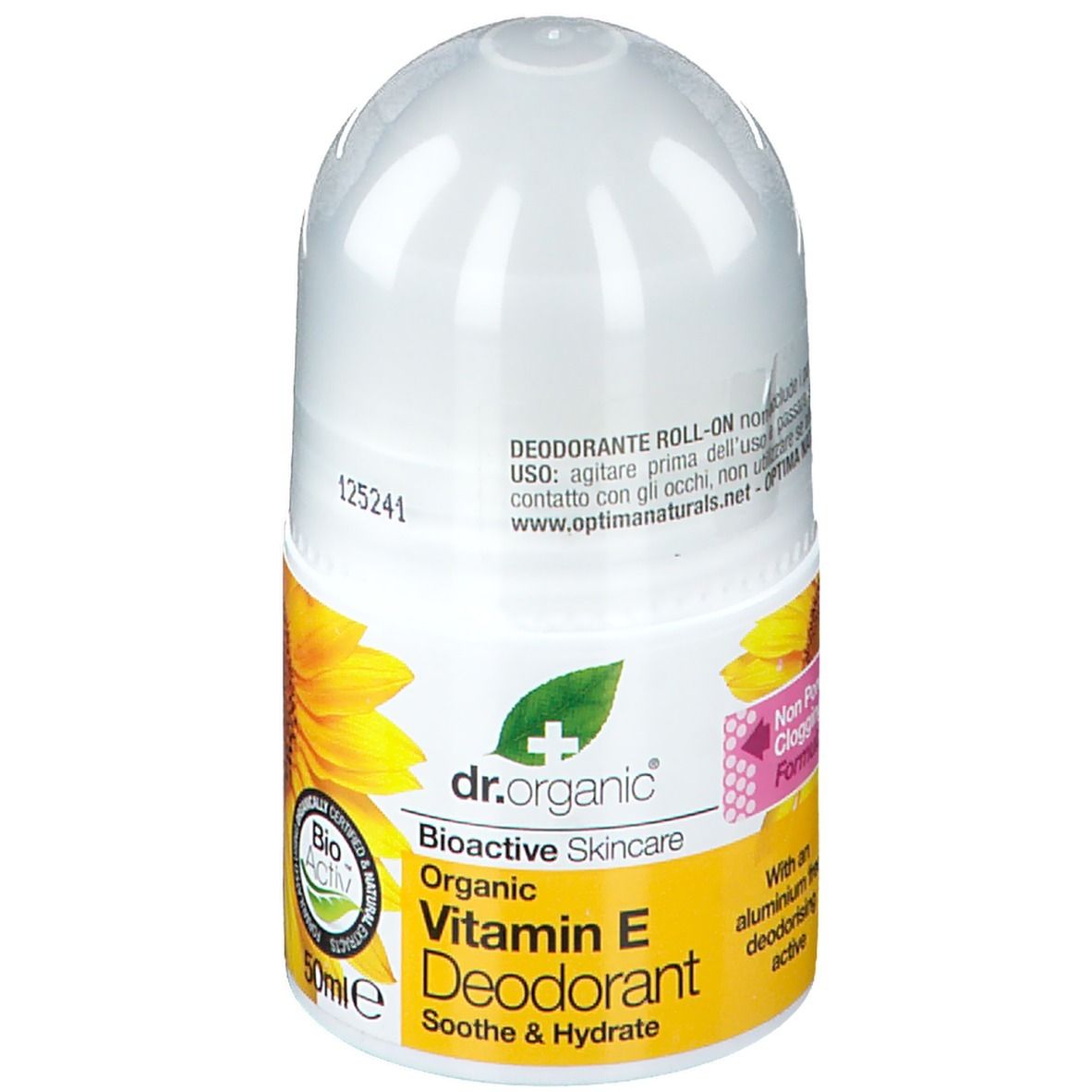 Déodorant roll-on blanc et étiquette jaune. Inscription: Vitamin E Deodorant. Logo: Bio-Aktiv. 50ml.