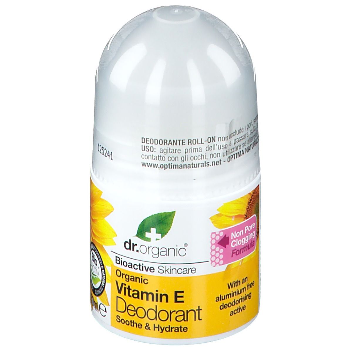 Déodorant roll-on blanc et étiquette jaune. Inscription: Vitamin E Deodorant. Logo: Bio-Aktiv. Verso avec instructions.