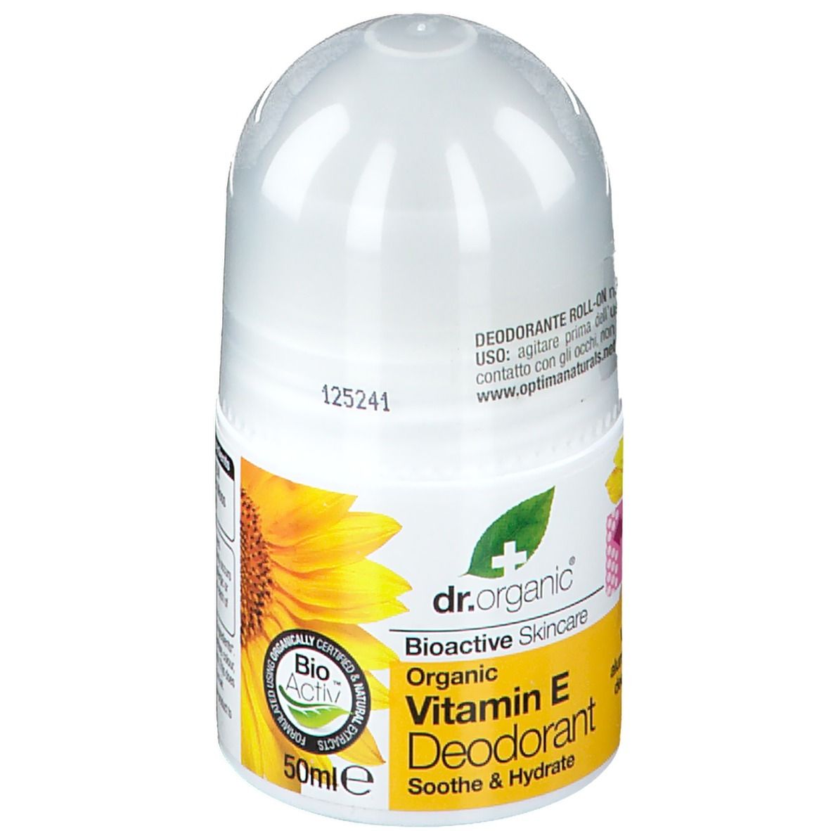 Déodorant roll-on blanc et étiquette jaune. Inscription: Vitamin E Deodorant. Logo: Bio-Aktiv. 50ml.