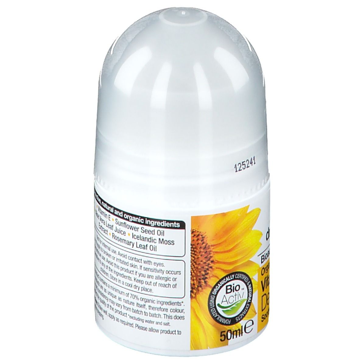 Déodorant roll-on blanc et étiquette jaune. Inscription: Vitamin E Deodorant. Logo: Bio-Aktiv. 50ml.