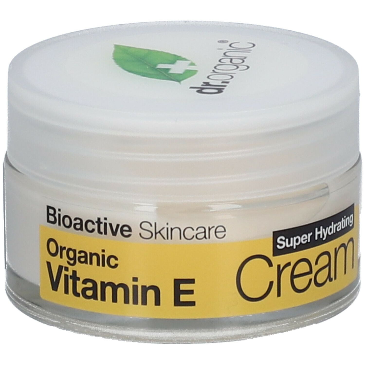 Vasetto di crema con coperchio bianco. L'etichetta recita: Cura bioattiva, vitamina E, crema.