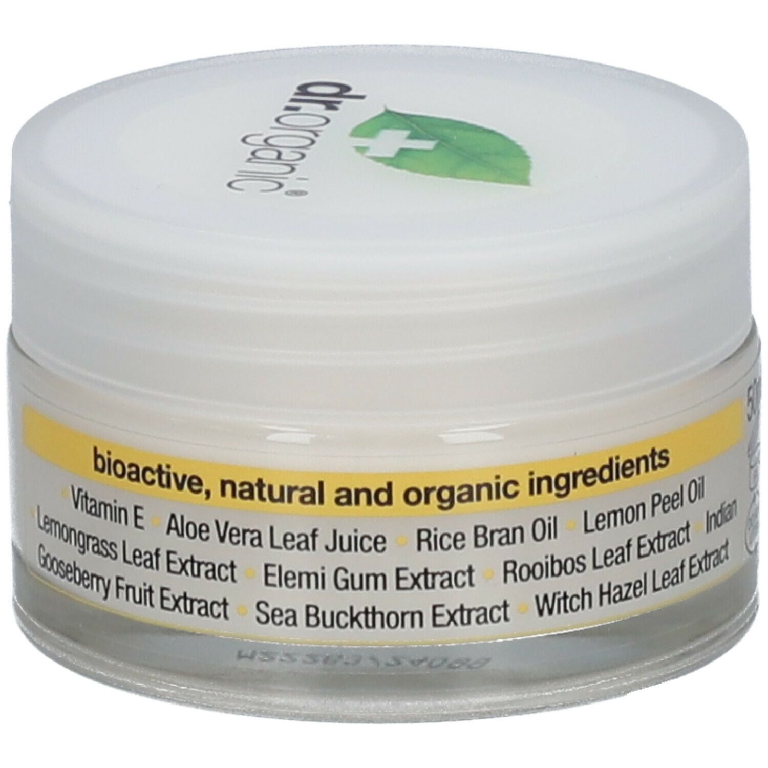 Vasetto di crema con coperchio bianco. L'etichetta recita: Ingredienti bioattivi, naturali e biologici.