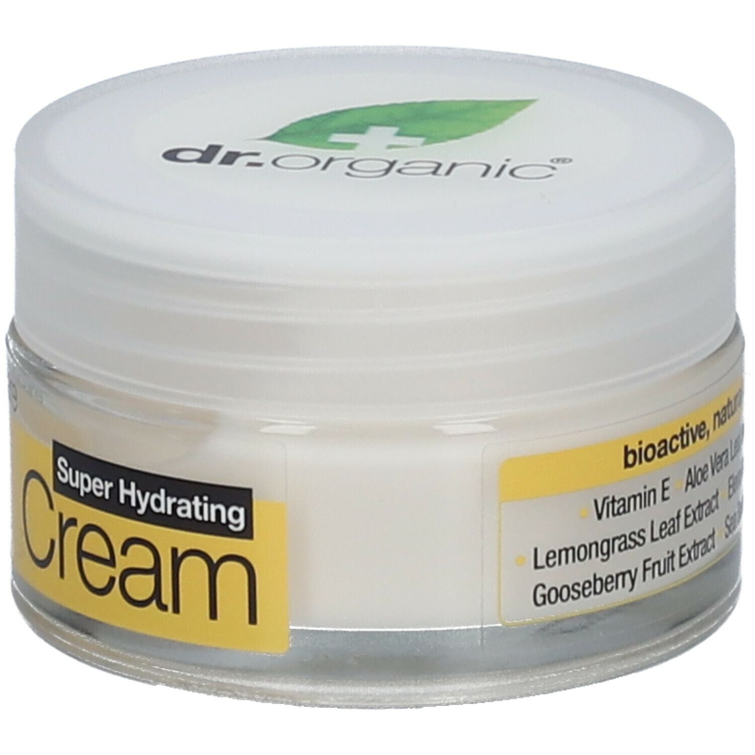 Vasetto di crema con coperchio bianco. L'etichetta recita: Crema super idratante.
