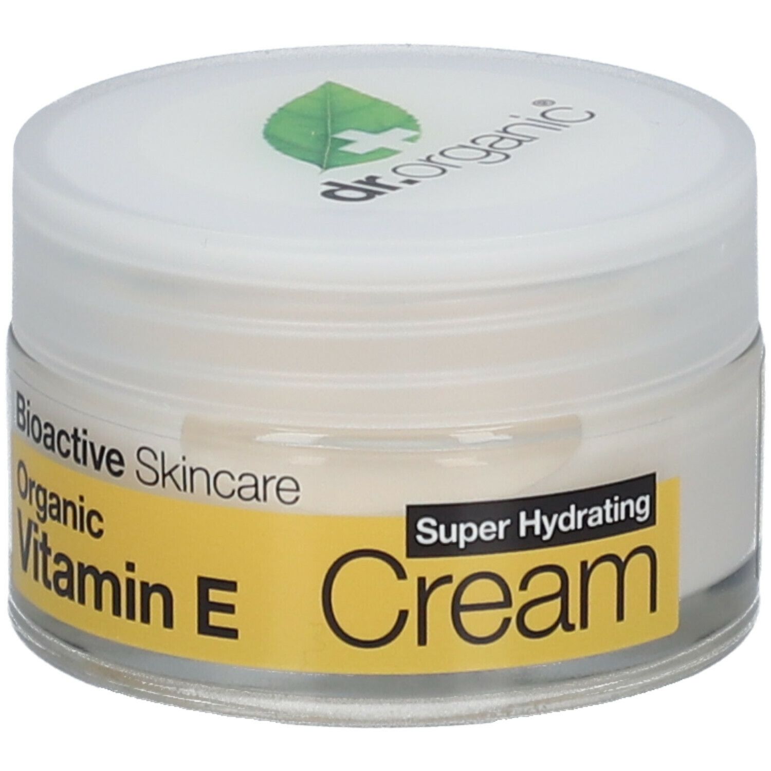 Vasetto di crema con coperchio bianco. L'etichetta recita: Cura bioattiva, vitamina E, crema.