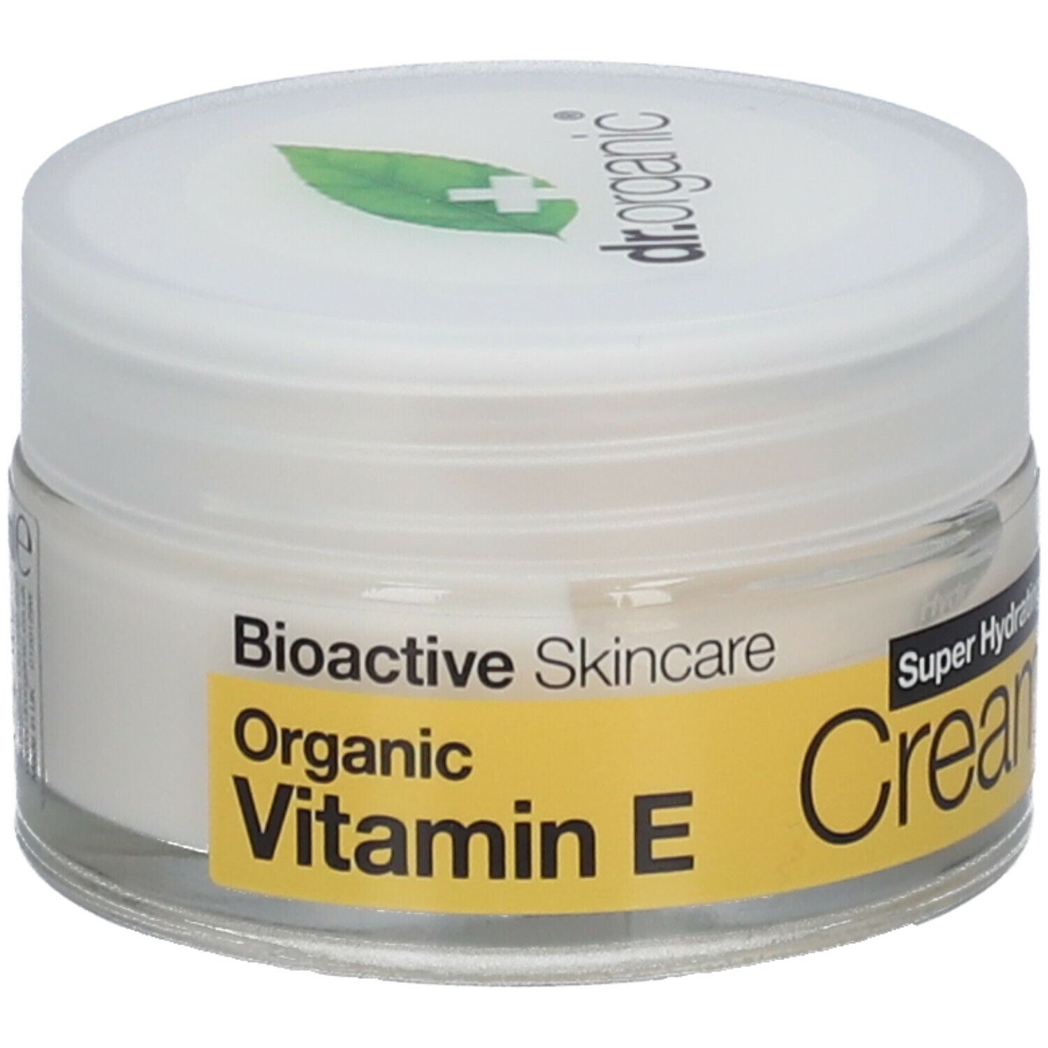 Vasetto di crema con coperchio bianco. L'etichetta recita: Cura bioattiva, vitamina E, crema.