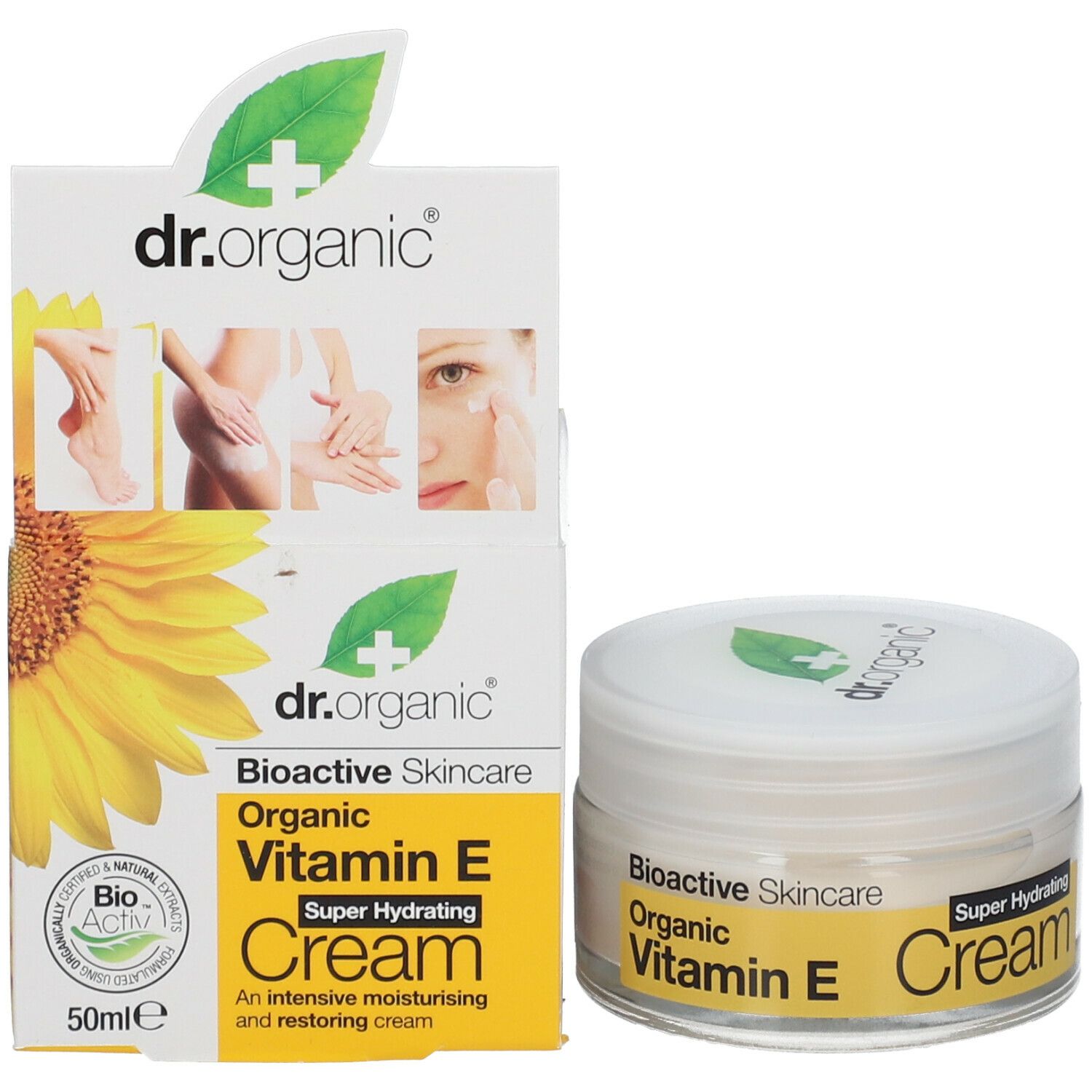 Vasetto di crema e confezione. La confezione recita: Cura bioattiva, vitamina E, crema, 50 ml.