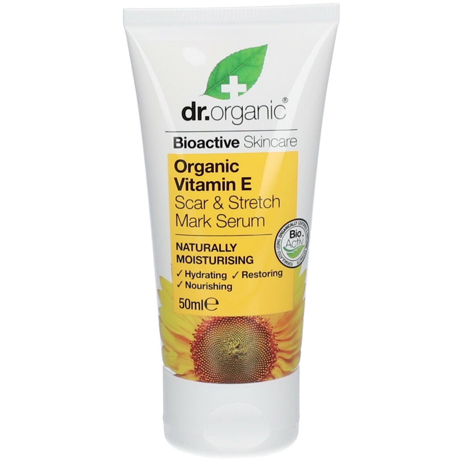 Tubo di siero. Scritta: Dr. Organic, Vitamina E, Siero cicatrici e smagliature. 50ml.