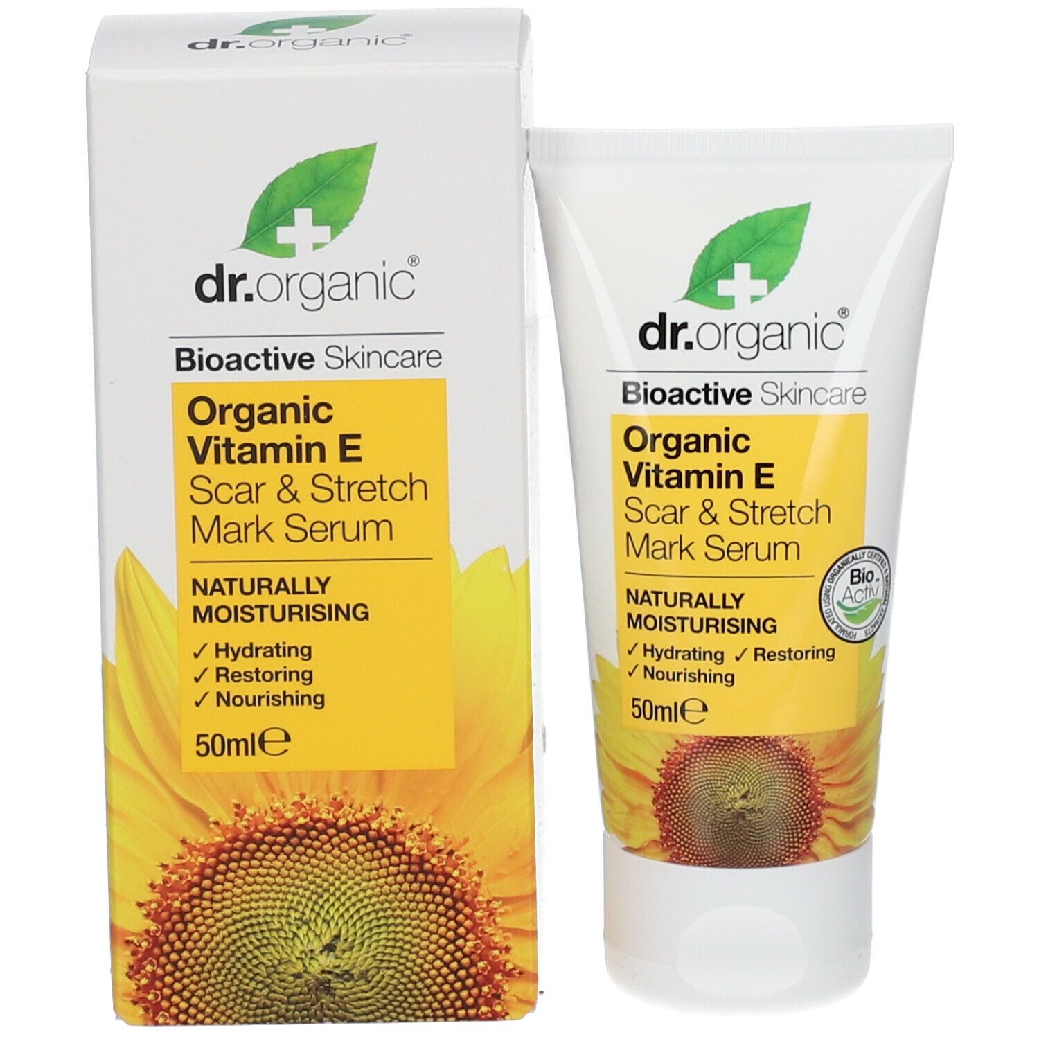 Confezione del prodotto con tubo. Scritta: Dr. Organic, Vitamina E, Siero cicatrici e smagliature. 50ml.