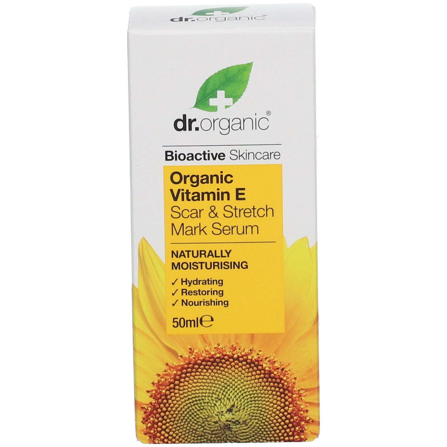 Confezione del prodotto. Scritta: Dr. Organic, Vitamina E, Siero cicatrici e smagliature. 50ml.