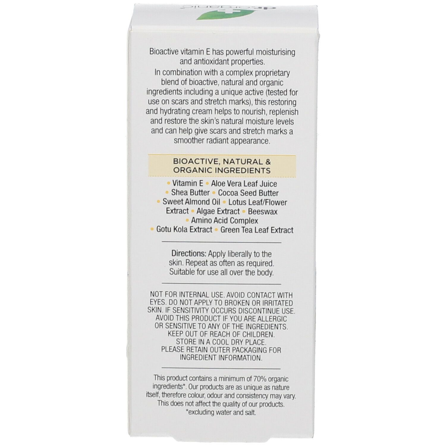 Confezione del prodotto. Testo sugli ingredienti e l'uso. Certificazione biologica.