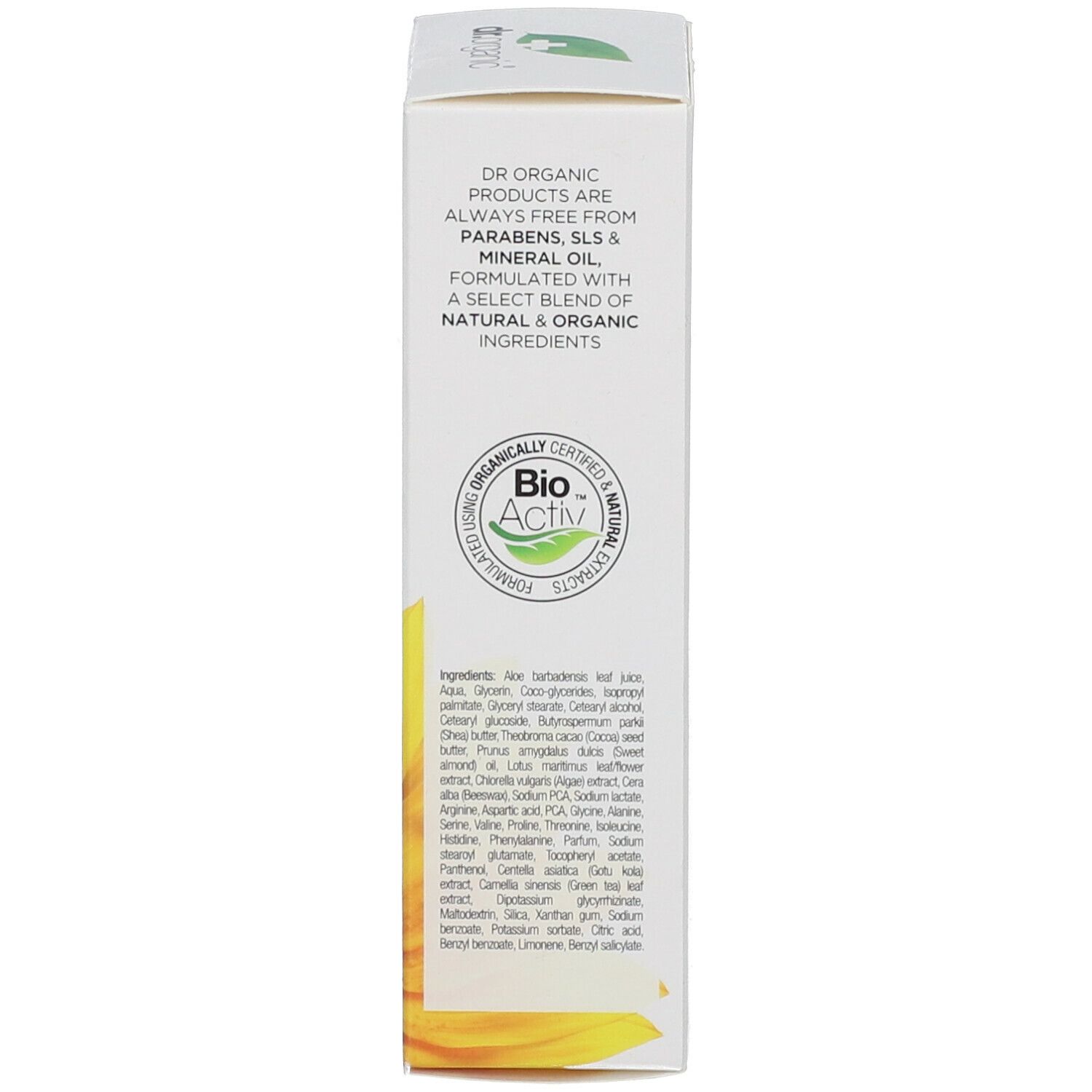 Confezione del prodotto. Testo sugli ingredienti e certificazione biologica. Logo Dr. Organic.
