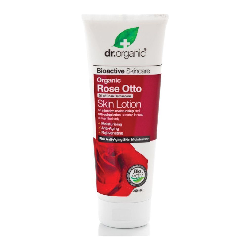 Tubo bianco con testo rosso. Contiene « dr.organic » e « Rose Otto Skin Lotion ». Sigillo bio in basso a destra.