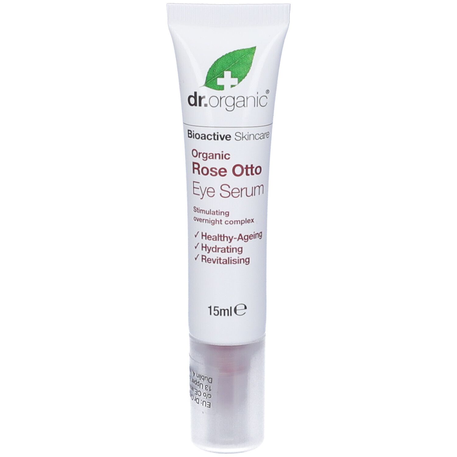 Tubo di siero occhi. Sfondo bianco, logo foglia verde. Visibili "Eye Serum" e "15ml e".