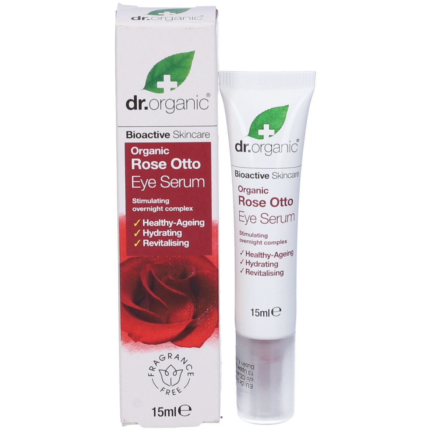 Confezione e tubo del prodotto. Sfondo bianco, logo foglia verde. Visibili "Eye Serum" e "15ml e".