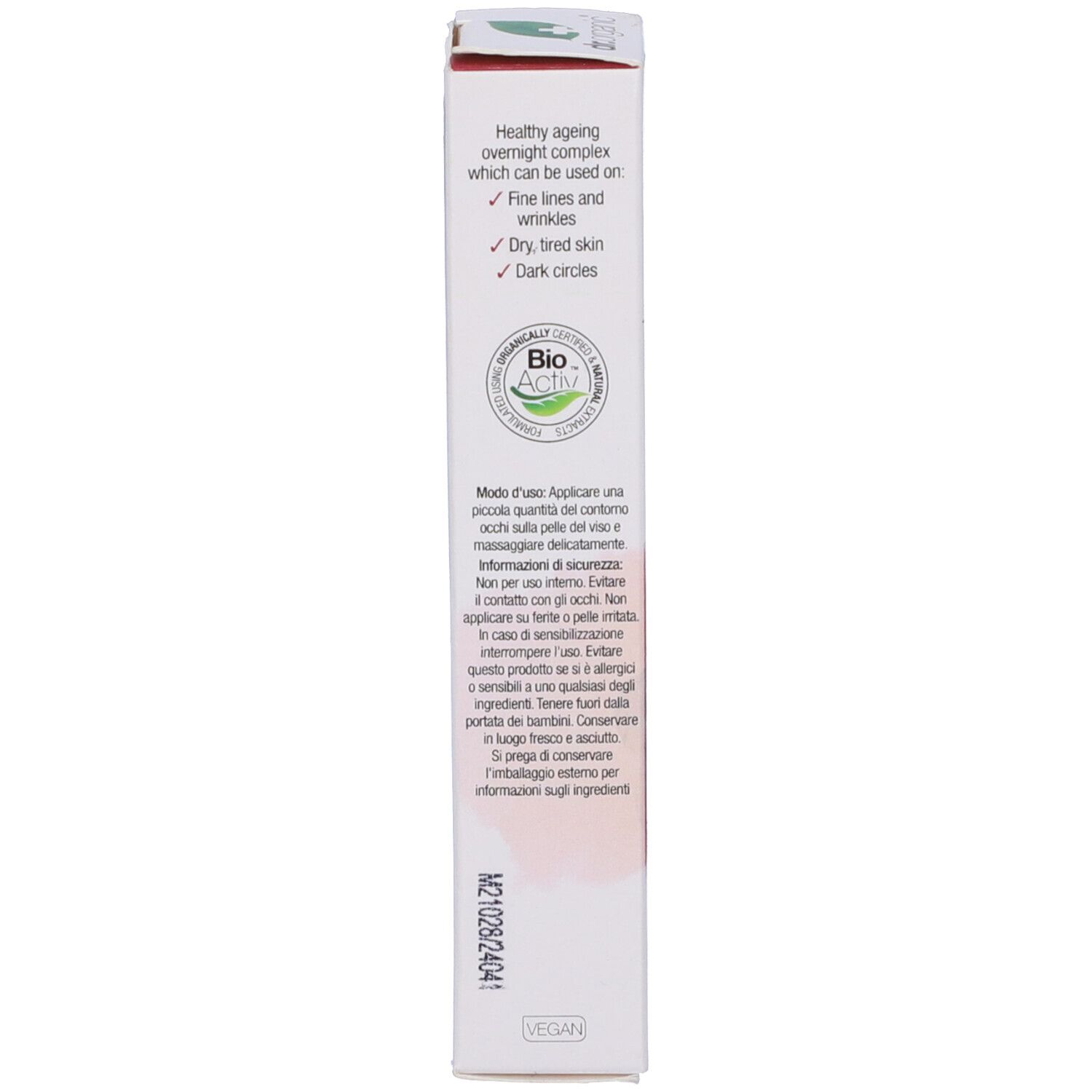 Vista laterale della confezione. Testo in italiano. Logo vegano. Sfondo bianco.