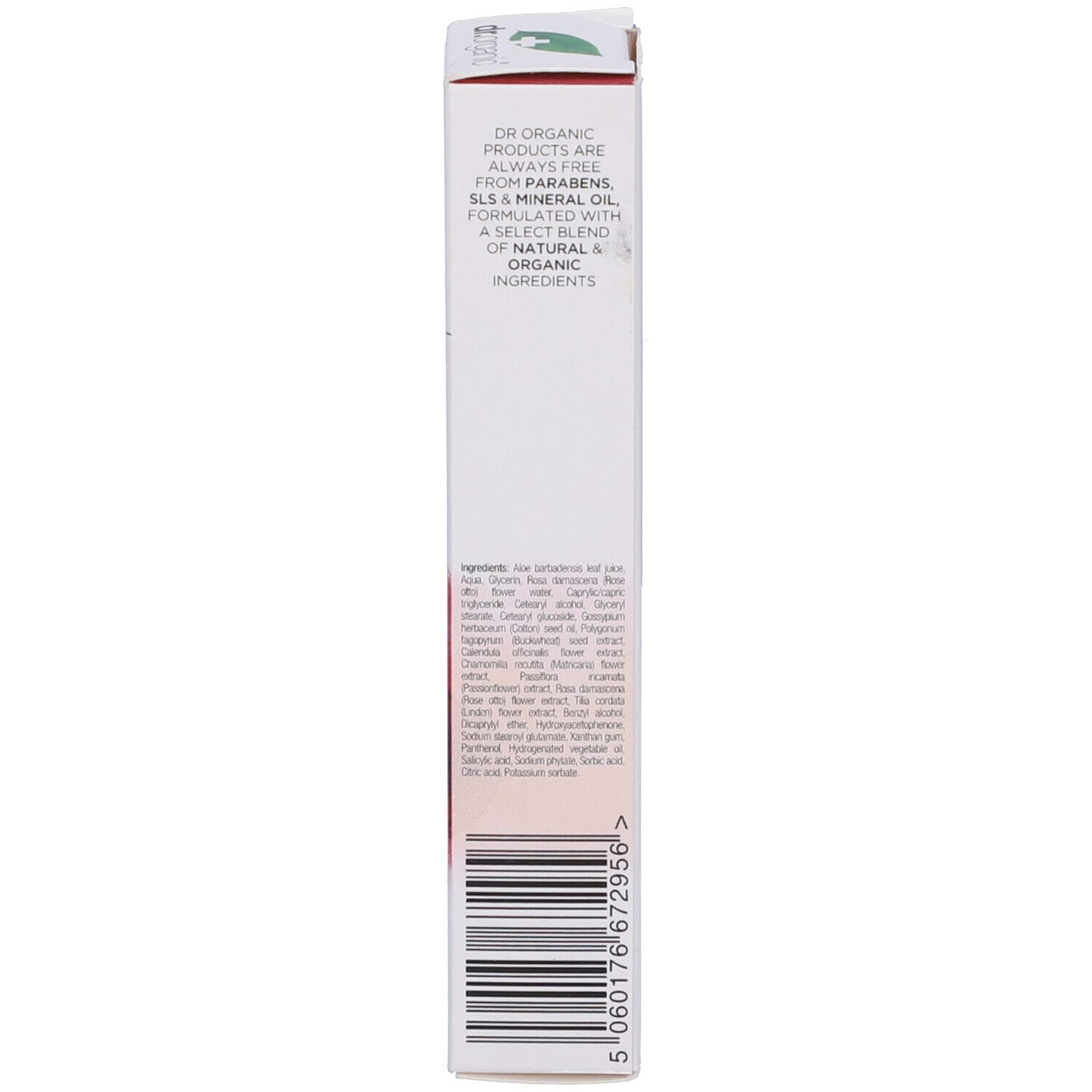 Vista laterale della confezione. Ingredienti e codice a barre. Sfondo bianco.