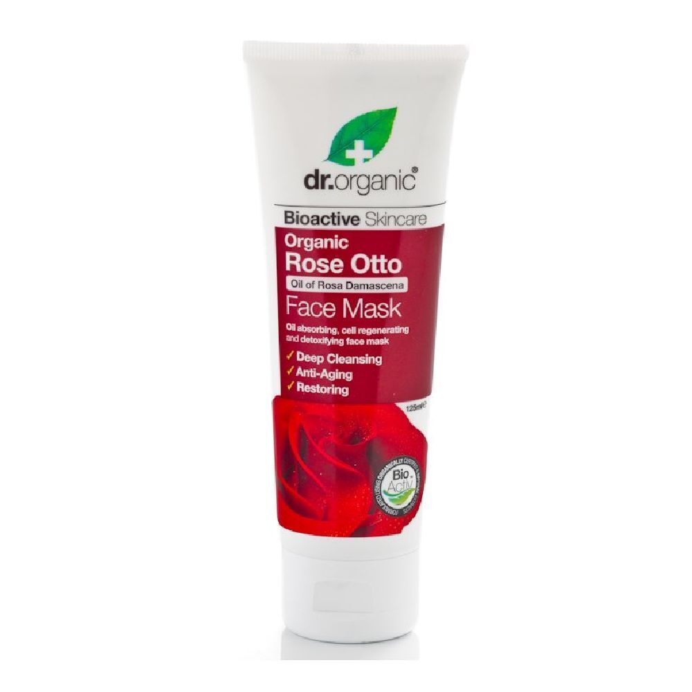 Tubo bianco con testo rosso. Contiene una maschera per il viso. Scritta: Dr. Organic, Rose Otto, Face Mask. Sigillo biologico.