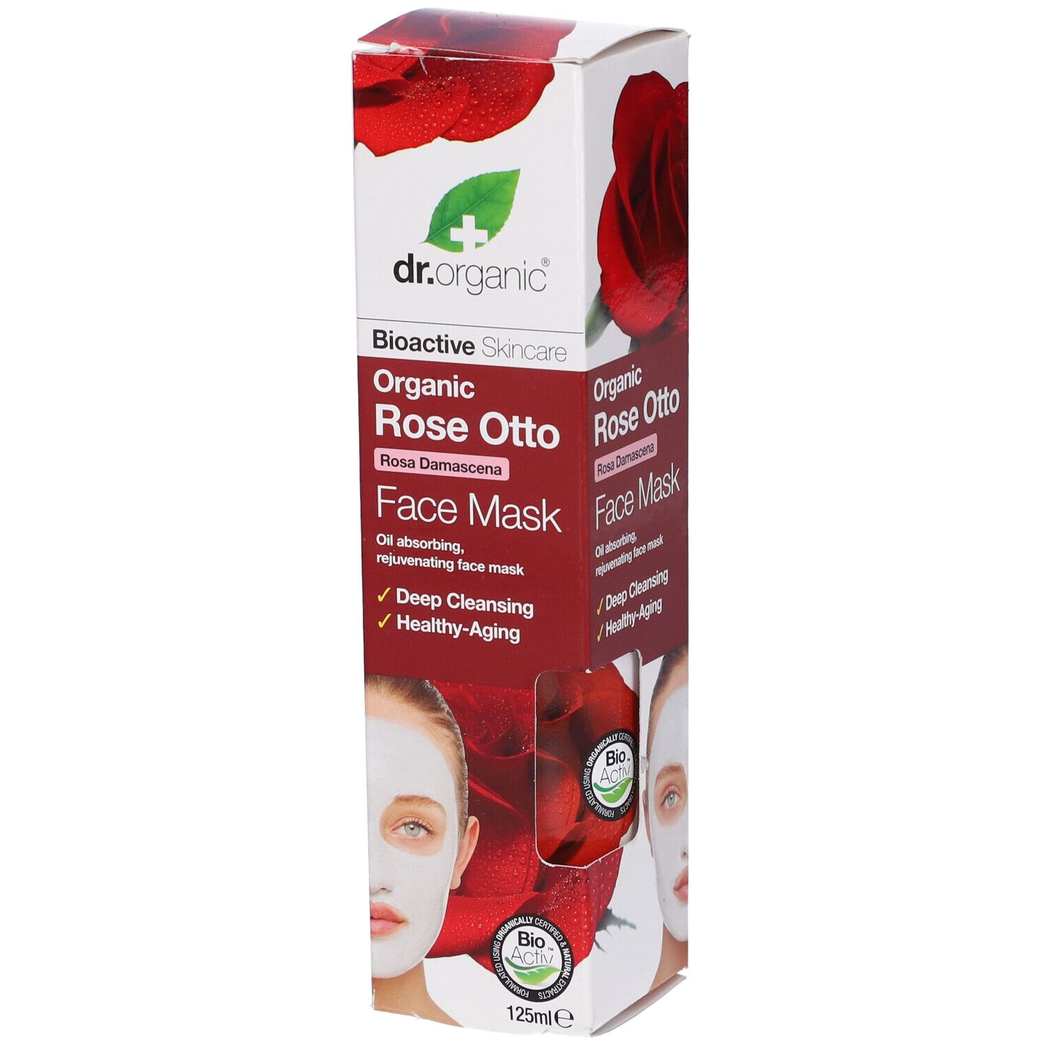 Confezione in cartone con maschera per il viso. Scritta: Dr. Organic, Rose Otto, Face Mask. Immagine di una rosa. Sigillo biologico.